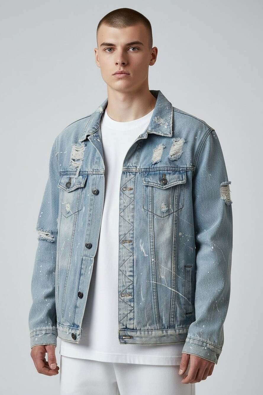 Rolling Paper Distressed Paint Splatter Light Blue Denim Jacket Men's Size Small